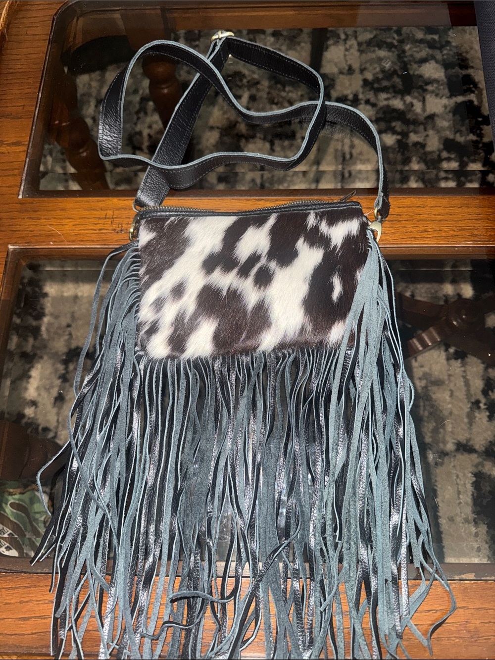 Fringe Crossbody Bag with Cowhide Accent - Black & White
